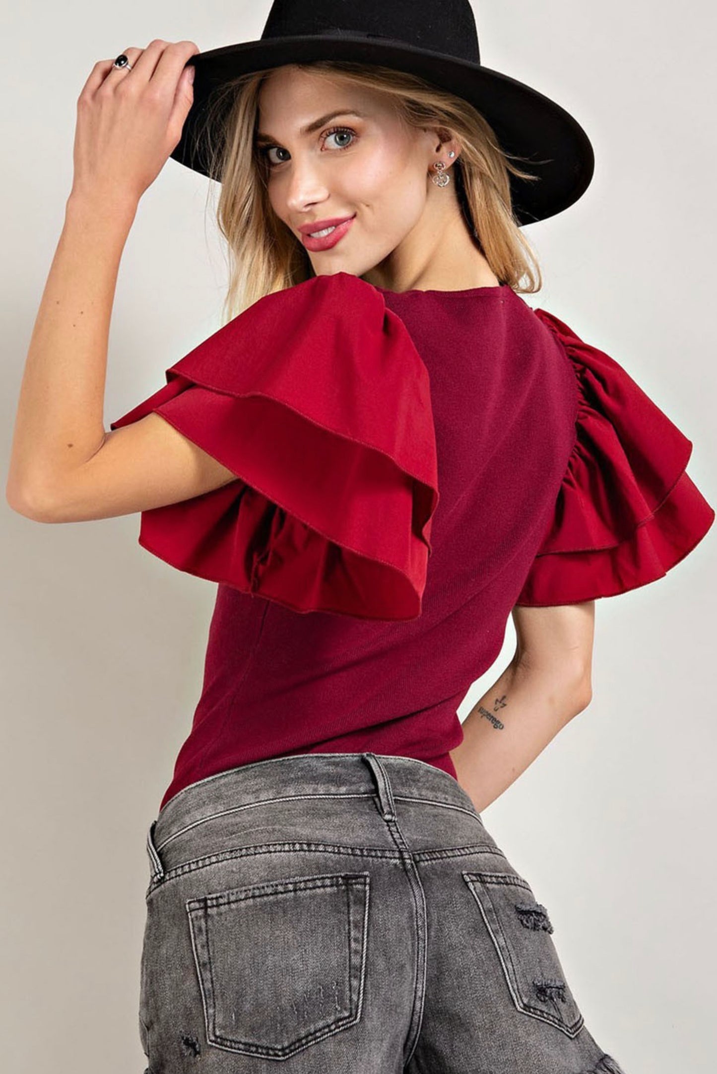 Merlot Ruffle Sleeve Bodysuit