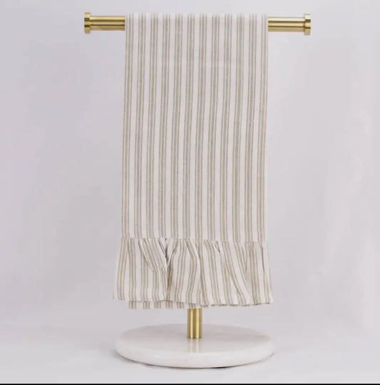 Ticking Stripe Ruffle Hand Towel Taupe/White