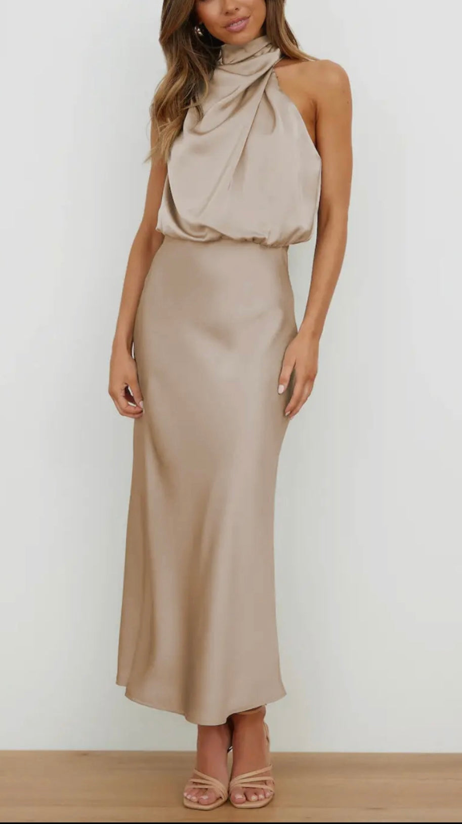 Sipping Champagne Satin Midi Dress