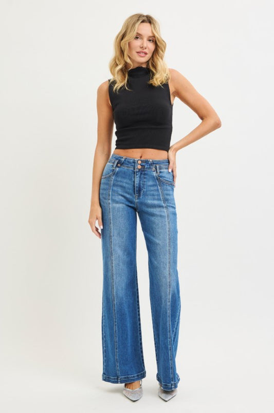 Risen Curved Seam High Rise Wide Leg Jeans