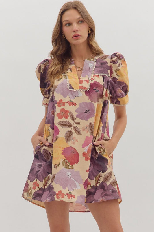 Golden Bloom Puff Sleeve Dress