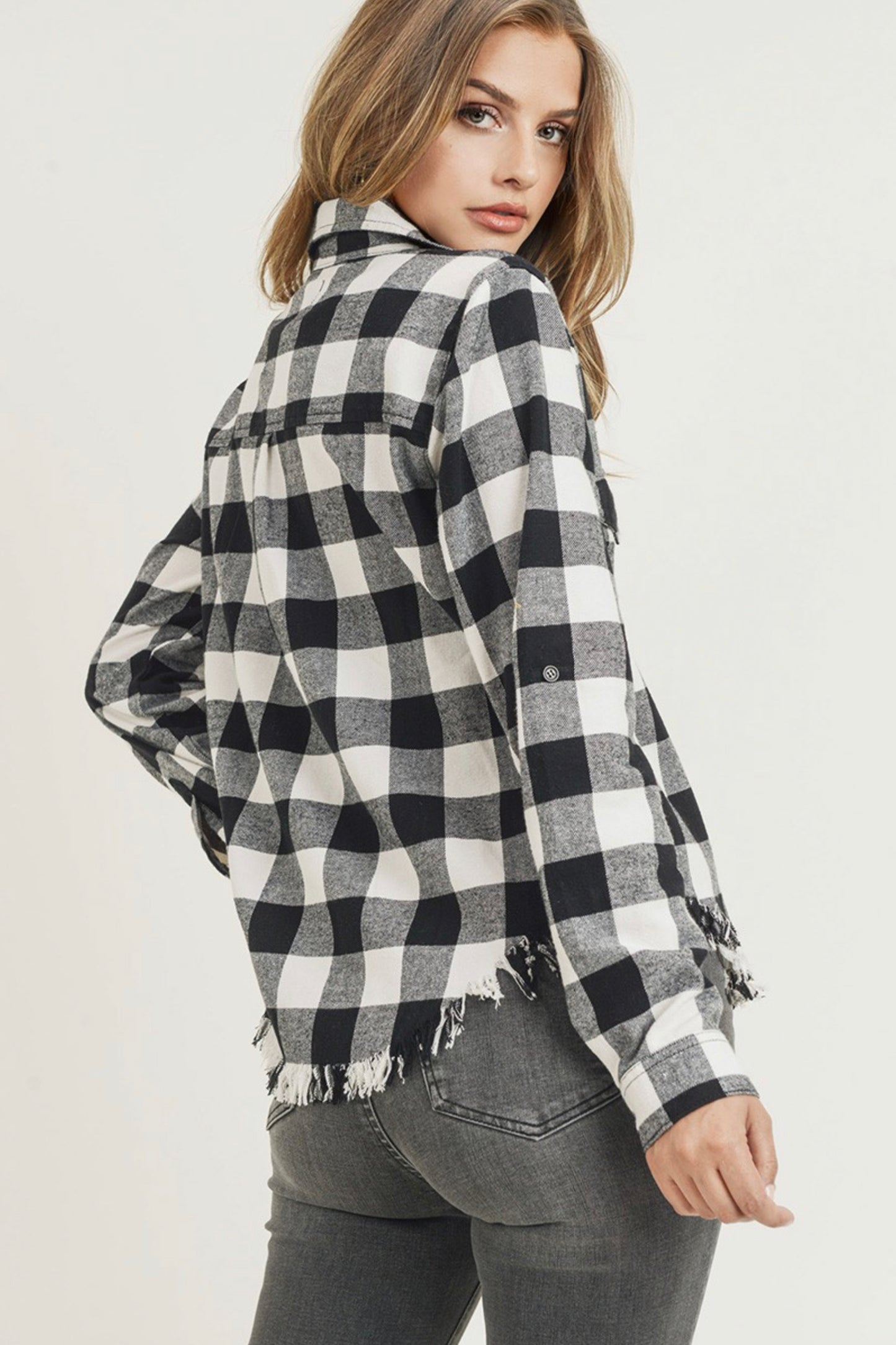 Risen Frayed Hem Western Inspired Flannel Shirt