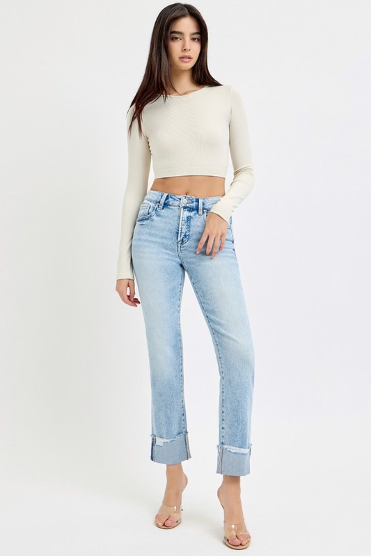 Risen Light Wash Tummy Control Cuffed Crop Straight Jeans