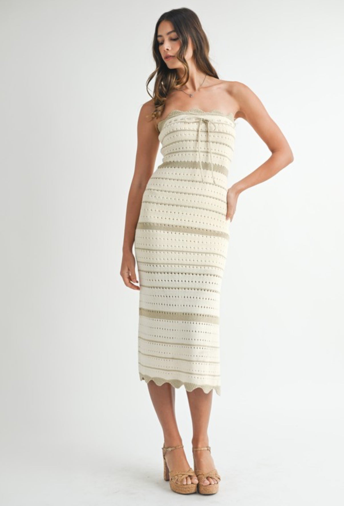 Striped Crochet Knit Midi Dress