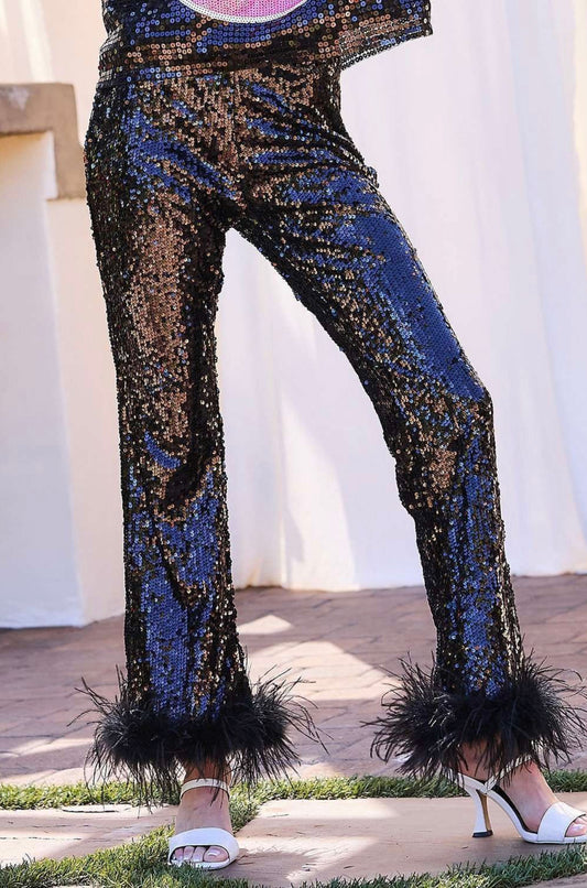 Black Feather Trim Sequin Pants