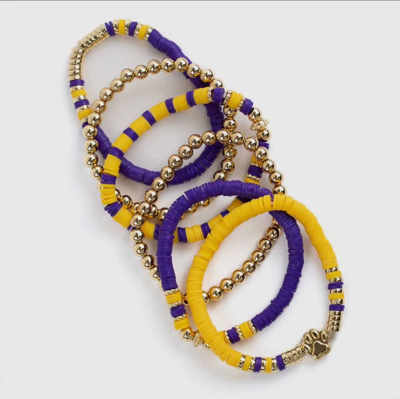 Paw Print Beaded Bracelet Set Purple/Gold 7”