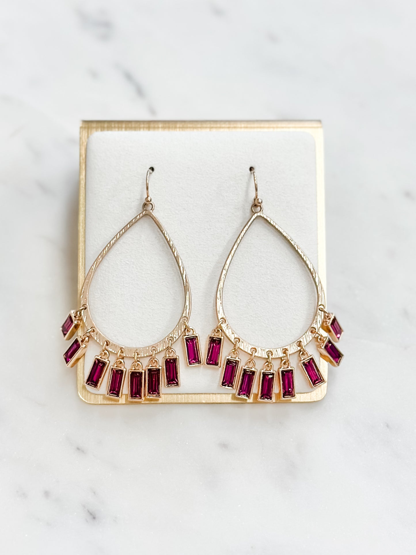 Wine Teardrop and Baguette Earrings