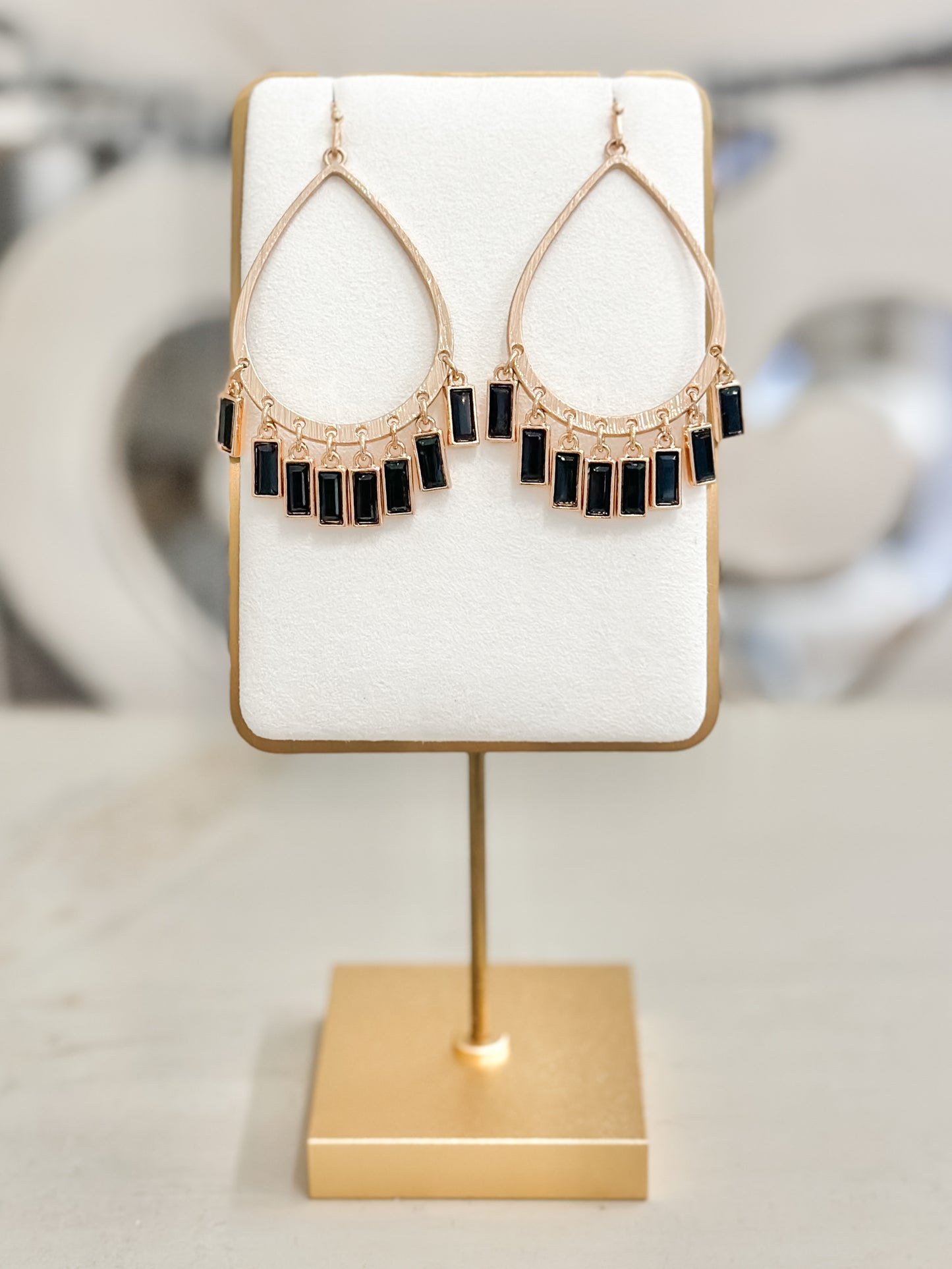 Black Teardrop and Baguette Earrings