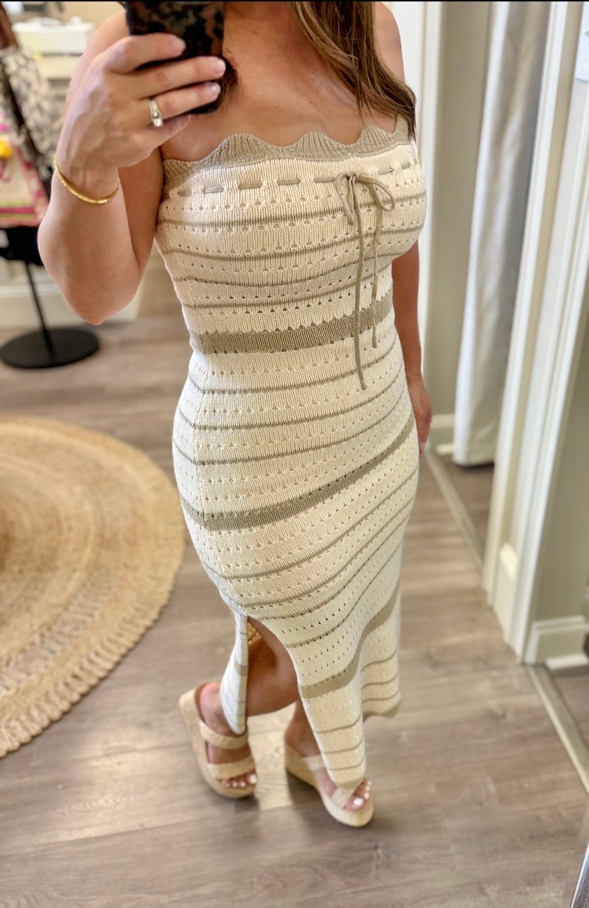 Striped Crochet Knit Midi Dress