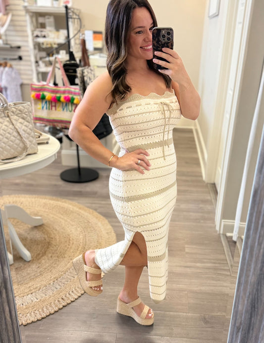 Striped Crochet Knit Midi Dress