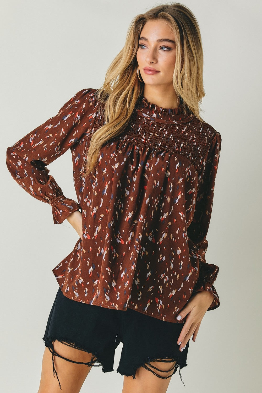 Printed Mock neck Smocked Top