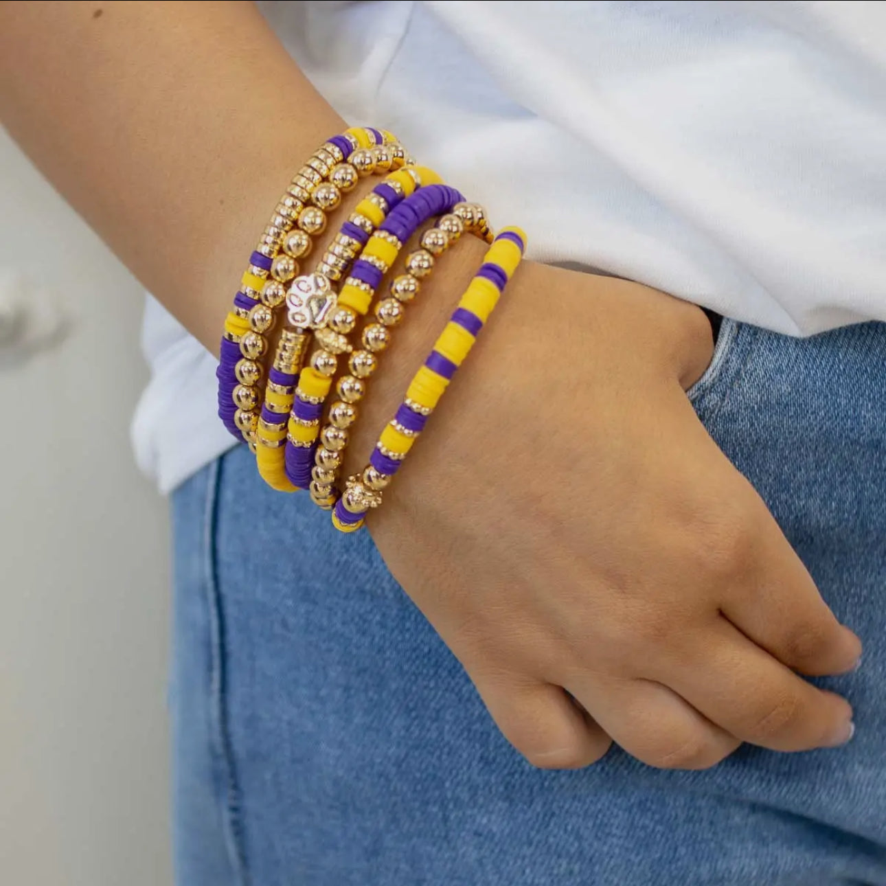 Paw Print Beaded Bracelet Set Purple/Gold 7”