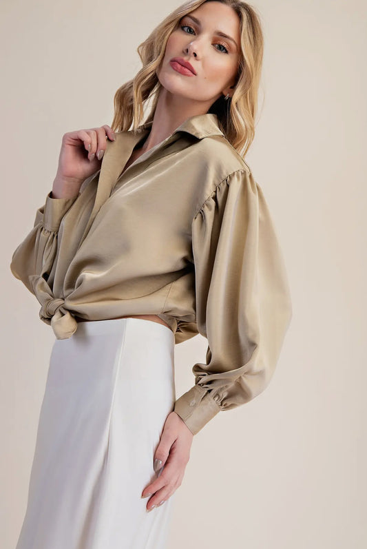 Satin Charm Tie Front Blouse