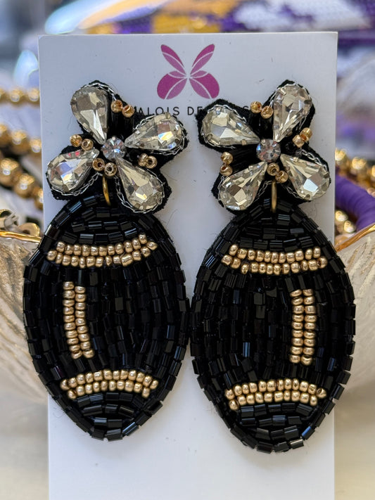 Black & Gold Beaded Football Earrings