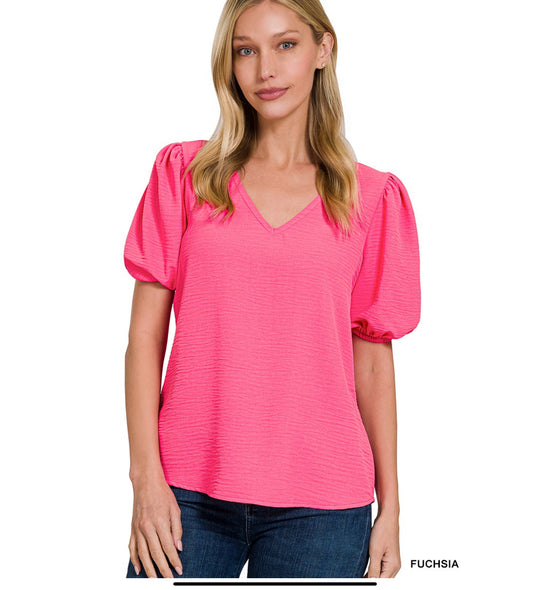 Woven V-Neck Puff Sleeve Top