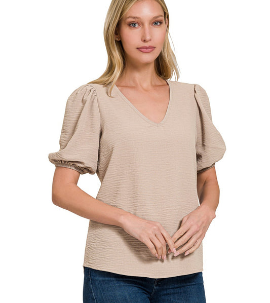 Woven V-Neck Puff Sleeve Top