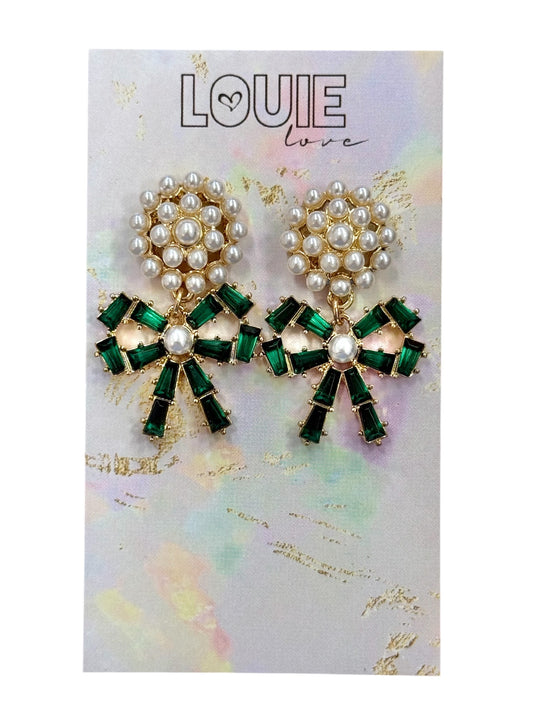 Pearl & Green Christmas Bow Earrings