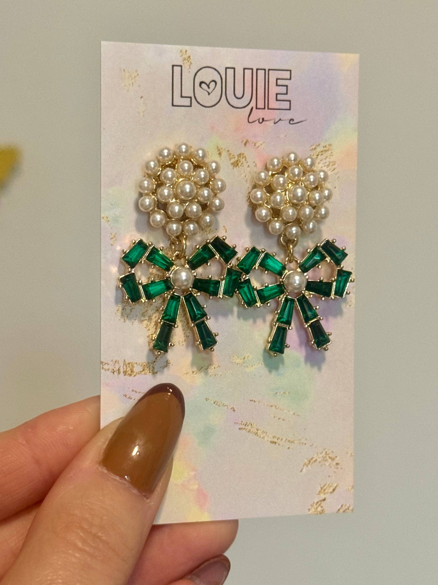 Pearl & Green Christmas Bow Earrings