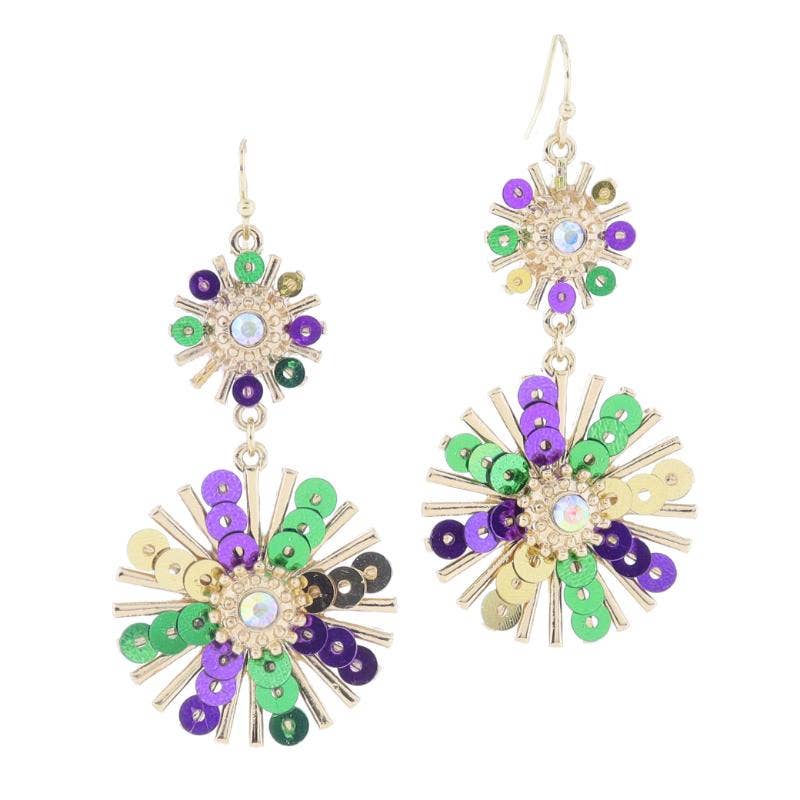 Sunbursts with Purple, Green, Gold Sequins Earrings