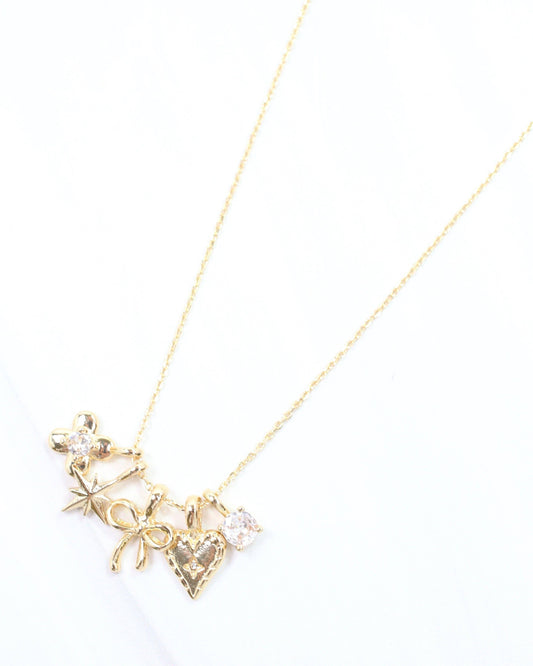 Flower, Bow and Heart Charm Necklace Set Gold