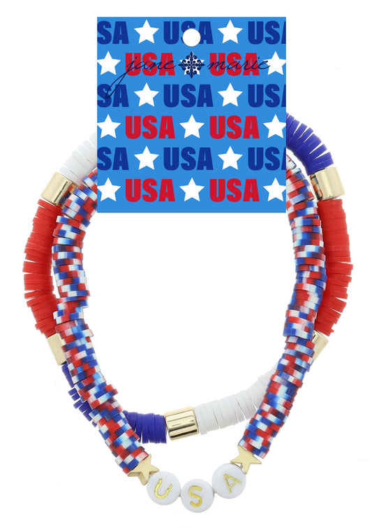 Set of 2, Patriotic Speckled Sequins "USA" Stretch Bracelet