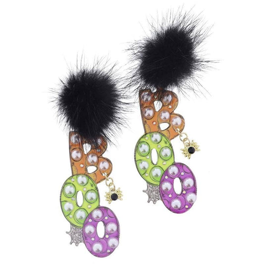 Fluffy Black Pom Post "BOO" with Pearls with Spider Earrings