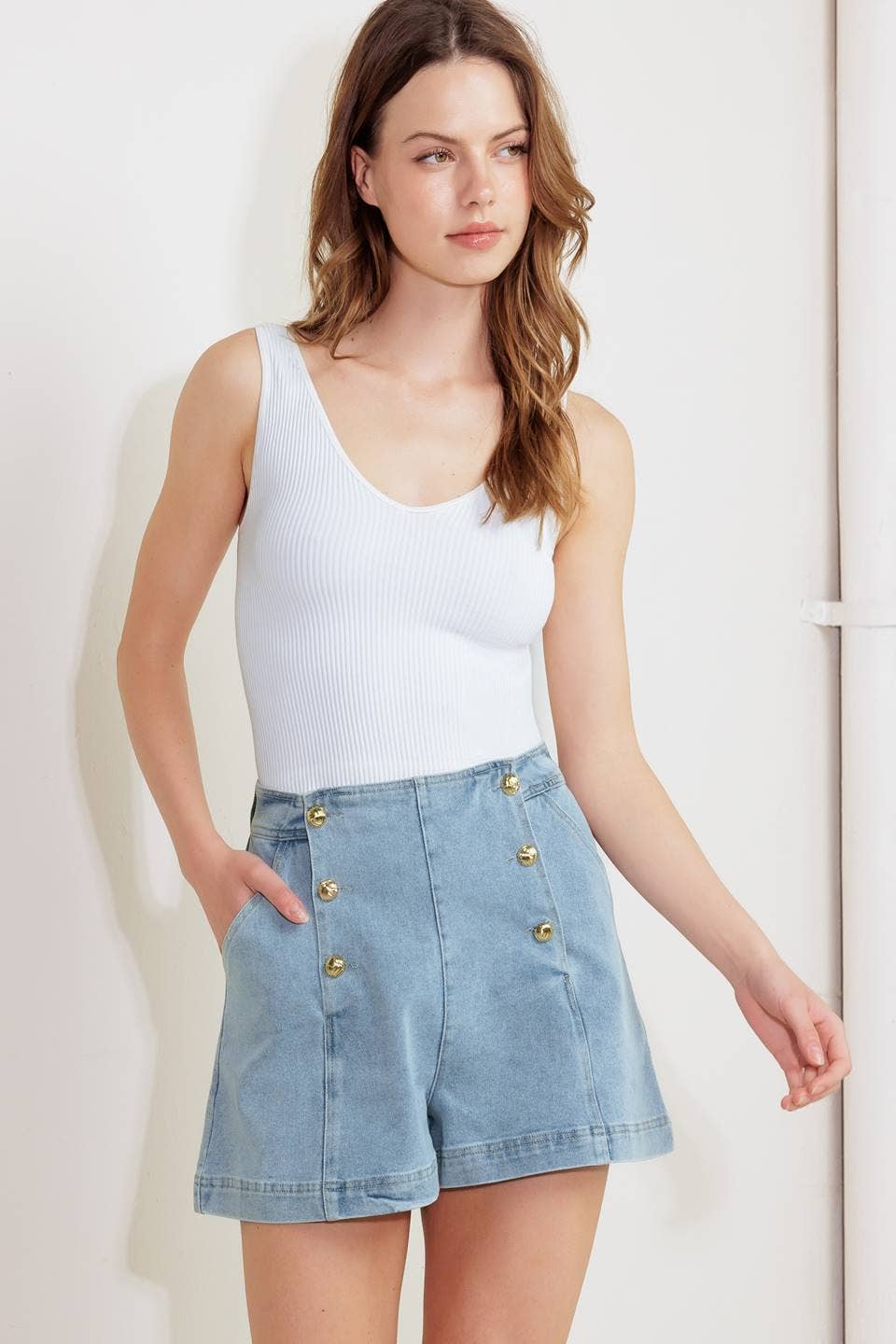The Harbor Button Denim Shorts