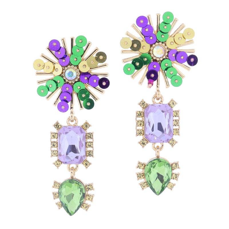 Sunburst, Purple, Green, Gold Sequins & AB Crystal Earrings