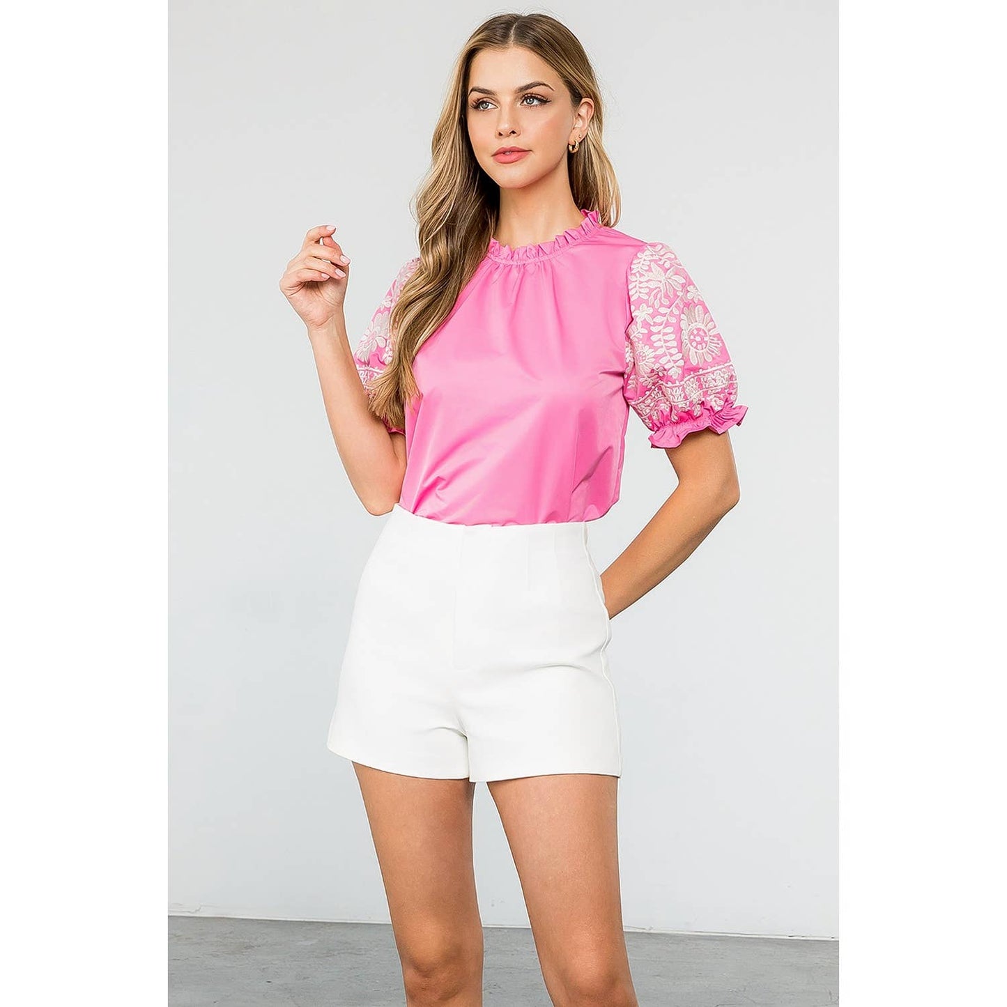 Blushing Bloom Embroidered Sleeve Top