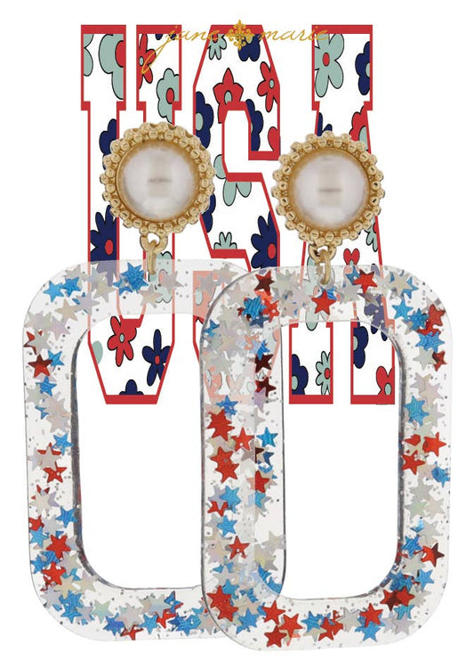 Gold Post & Red, Blue, Silver Star Glitter Resin Earrings