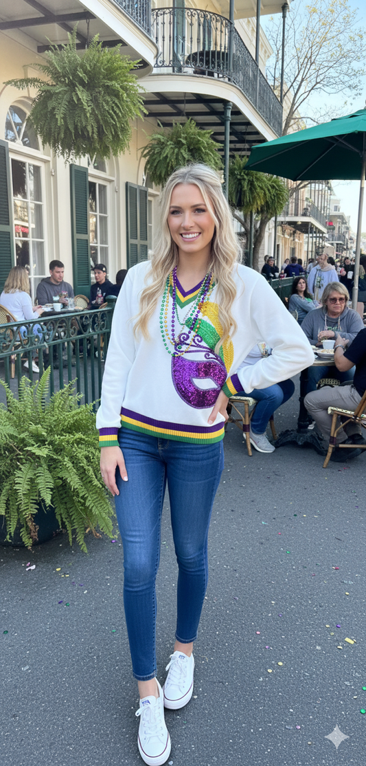 Mardi Gras Sequin Mask V-Neck Sweatshirt