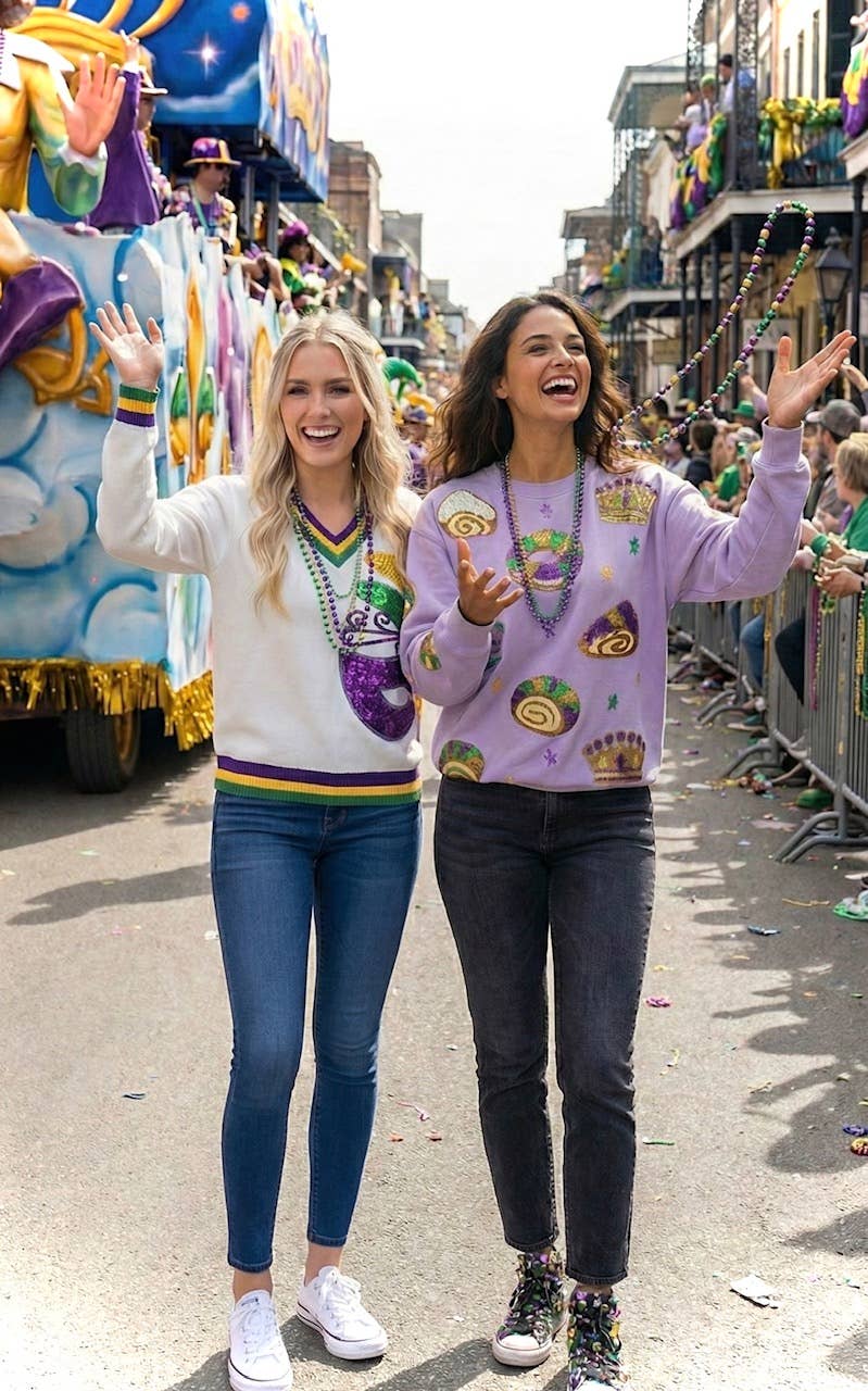 Mardi Gras Sequin Embroidered King Cake Sweatshirt