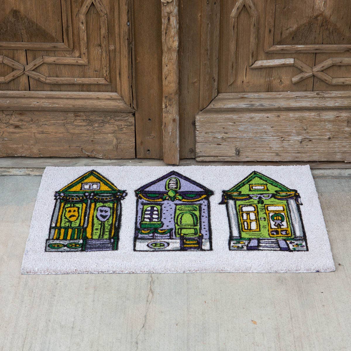 Mardi Parade Houses Coir Doormat   White/Green/Purple   30x18