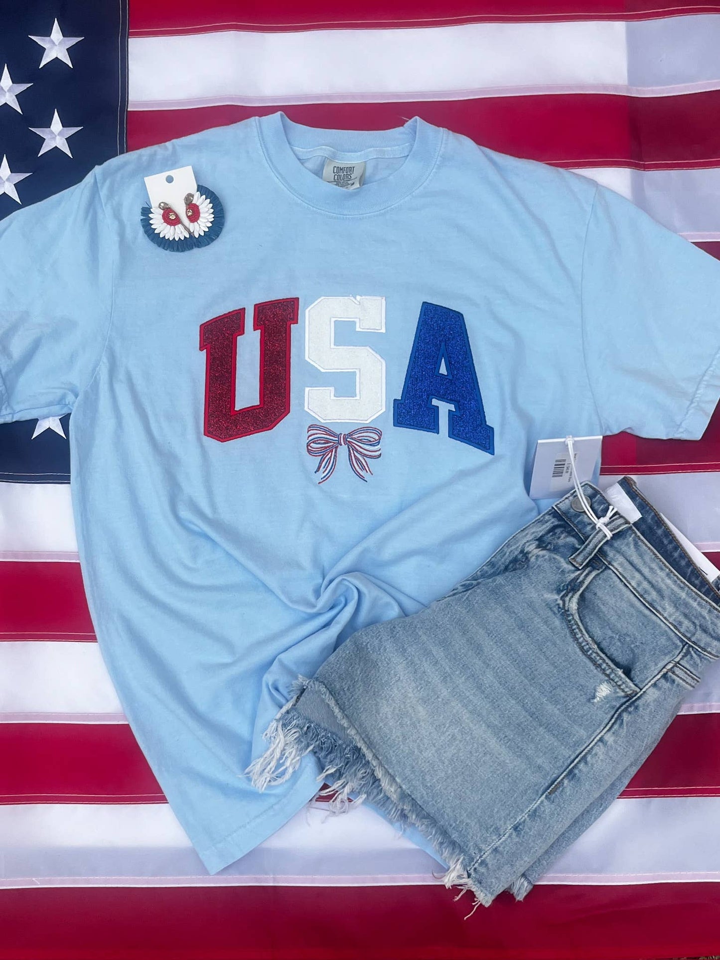 USA Glitter Applique Embroidered Comfort Color Tee