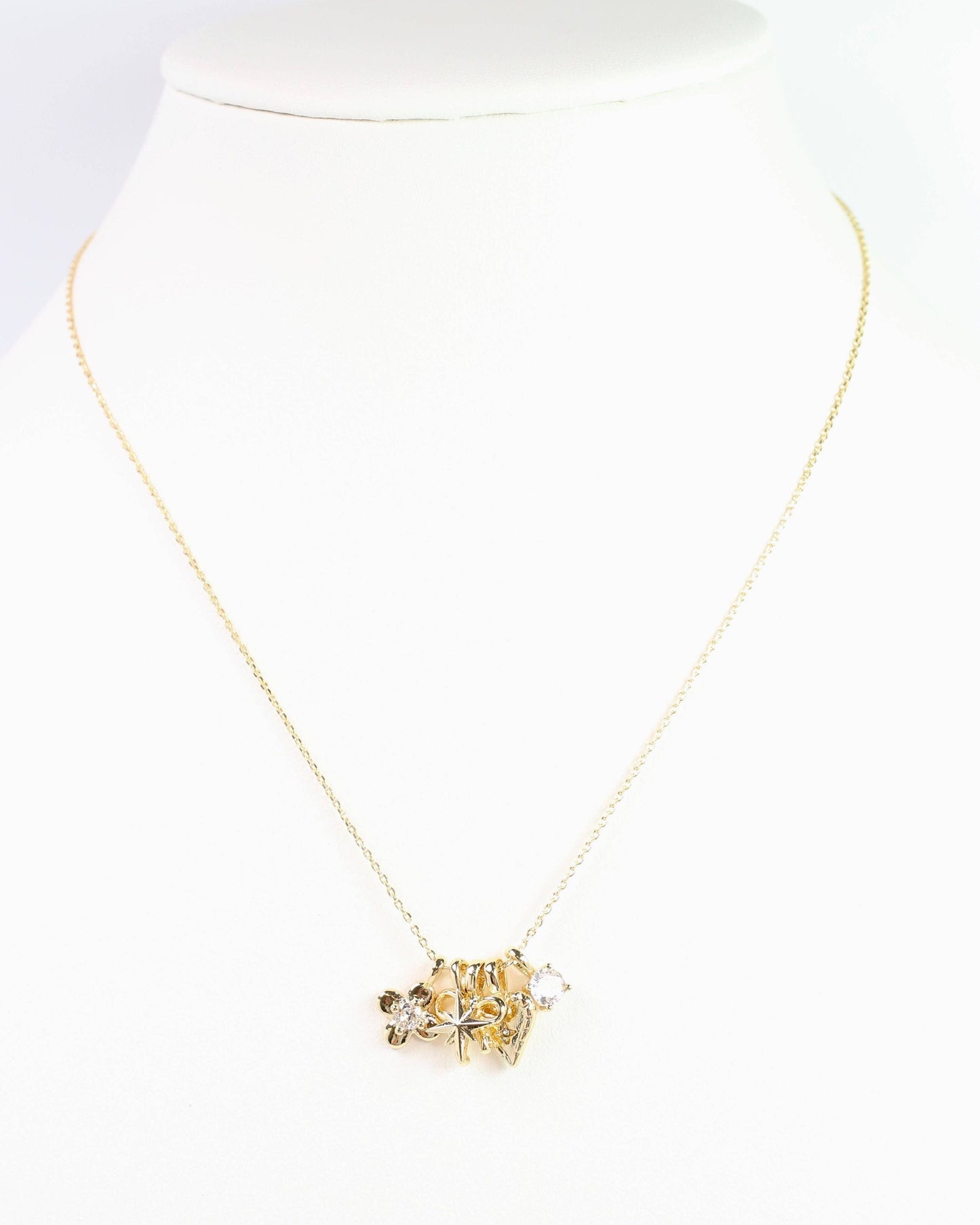 Flower, Bow and Heart Charm Necklace Set Gold