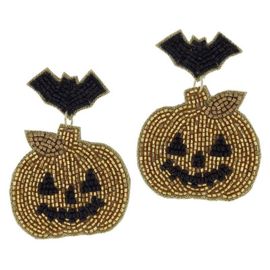 Black Bead Bat Post, Gold & Black Jack-O-Lantern Earrings