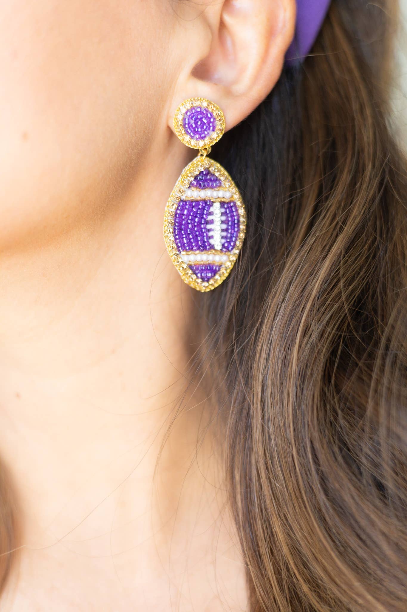 Purple and Gold Beaded GameDay Football Earrings