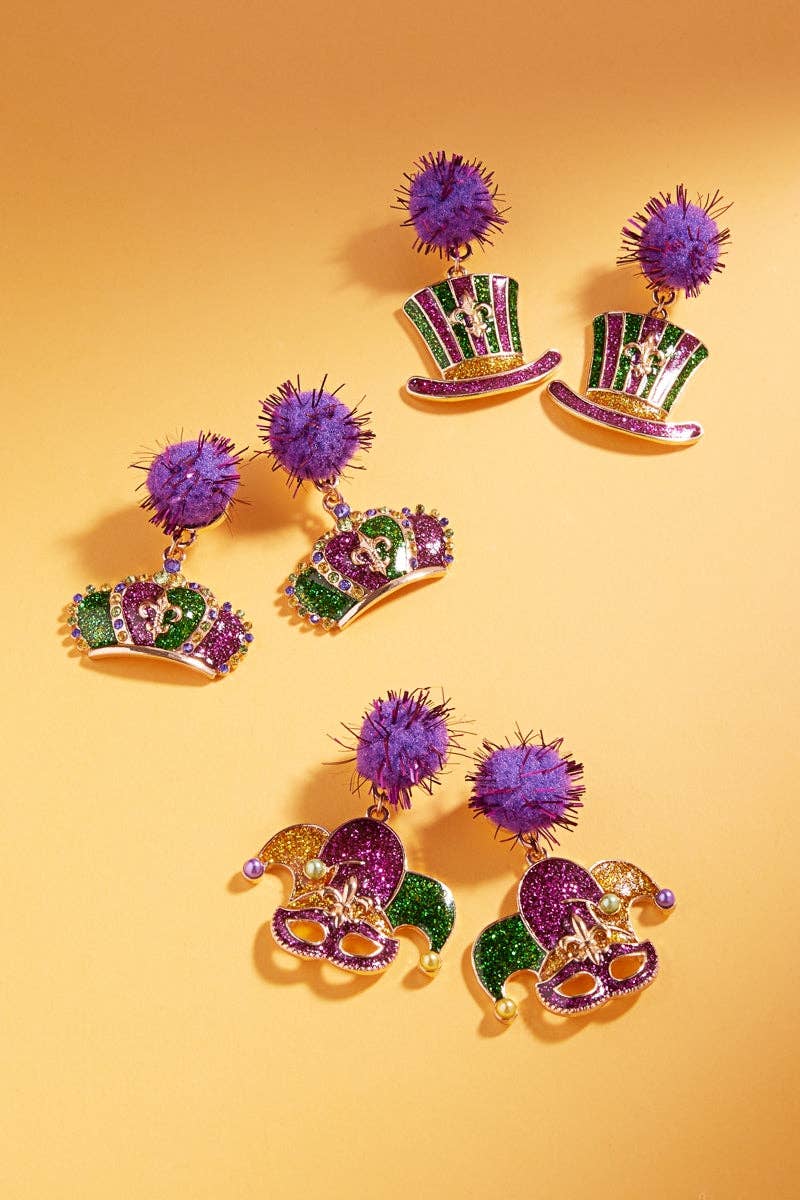 Mardi Gras PomPom & Enamel Post Earrings