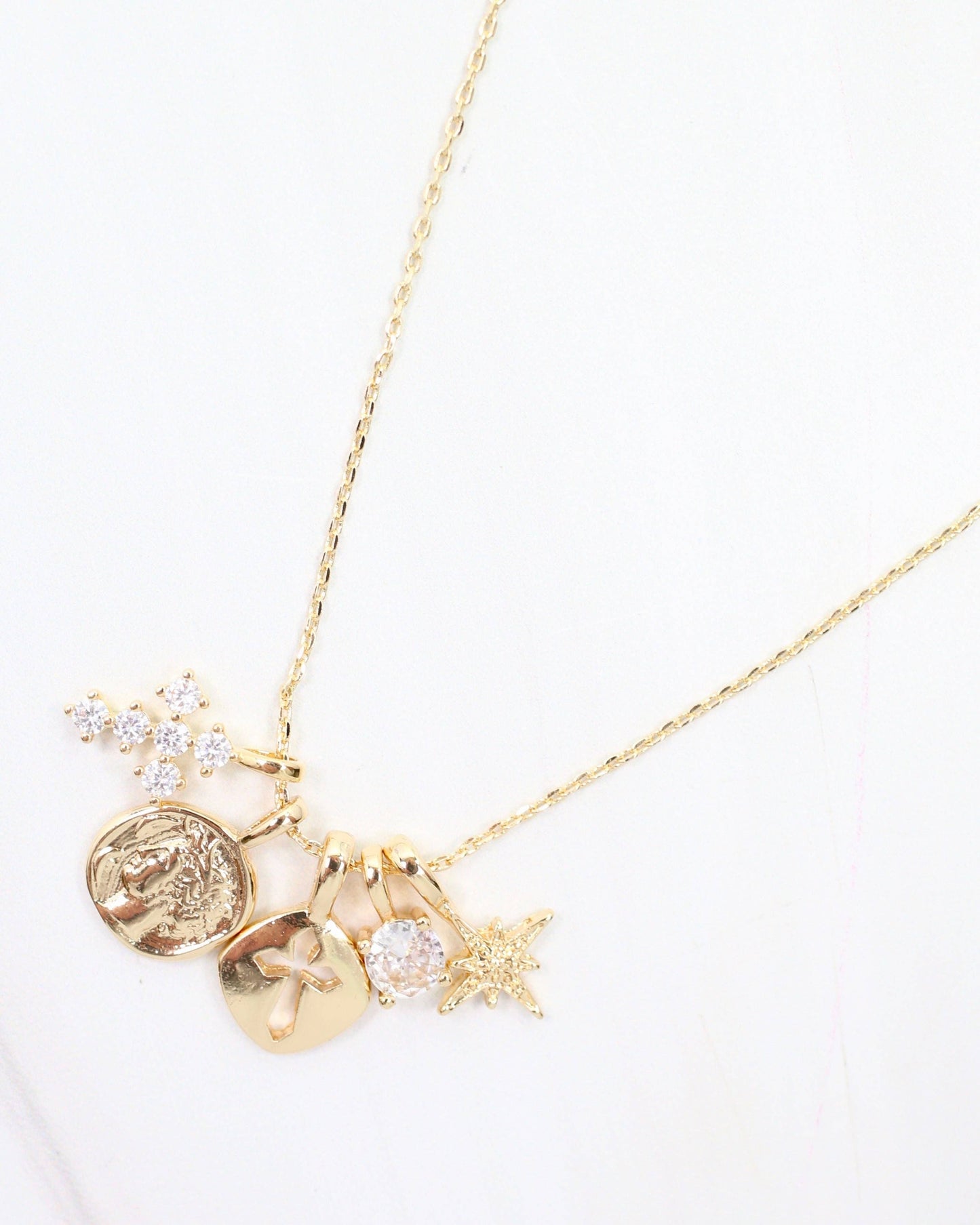 Cross and Coin Charm Necklace Set Gold