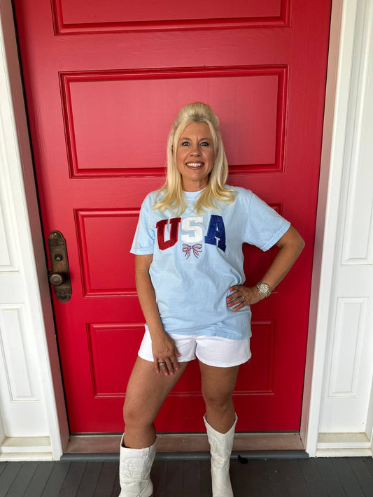USA Glitter Applique Embroidered Comfort Color Tee